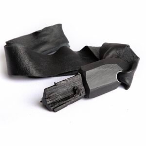 Raw Tourmaline pendant necklace with black ceramic and leather cord – handcrafted statement jewelry