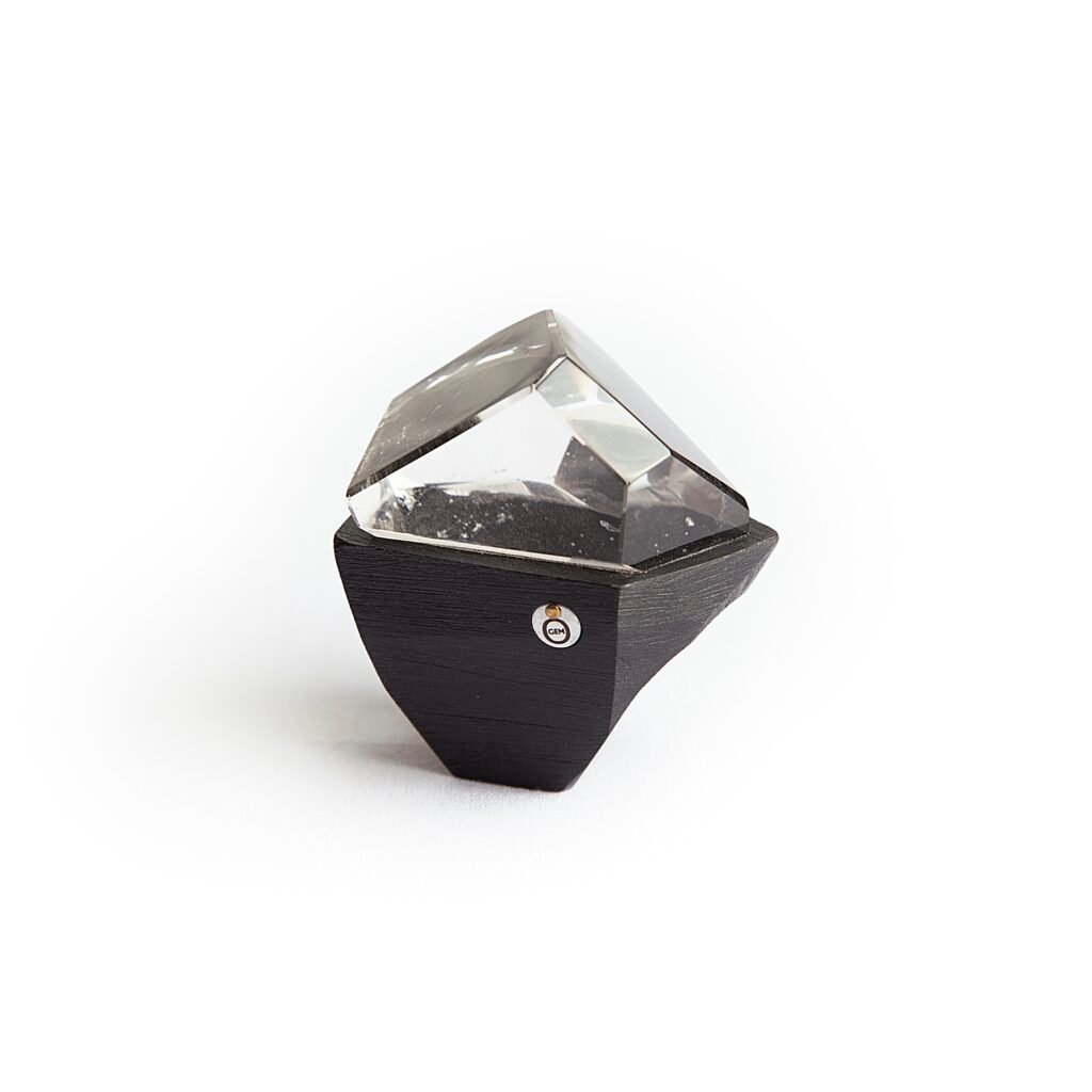 Clear quartz geometric ring on black ceramic band – handmade minimalist statement jewelry