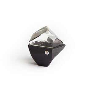 Clear quartz geometric ring on black ceramic band – handmade minimalist statement jewelry
