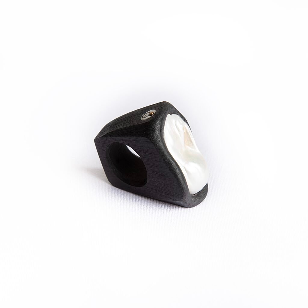 Large white baroque pearl ring set in black ceramic band – Moonlight Embrace by O’Gem