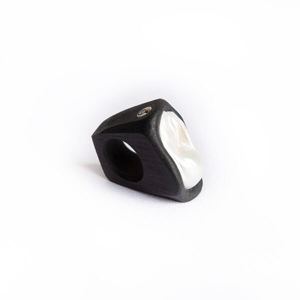 Large white baroque pearl ring set in black ceramic band – Moonlight Embrace by O’Gem