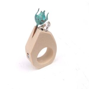 Beige ceramic ring with copper tulip and herkimer diamond